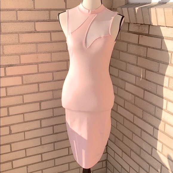 Privy Blush Pink High Neckline Mesh Cutout Midi Dress NWT - Picture 3 of 9